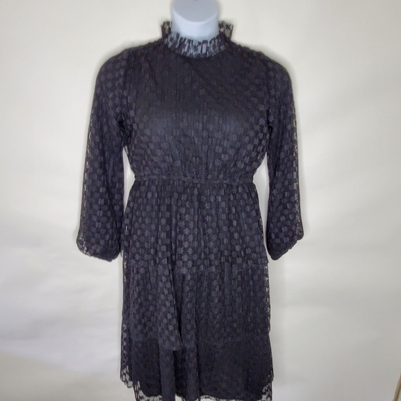 Black Lace Tiered Midi Dress Size L Ruffled High Neck Dark Romantic Whimsigoth - Picture 8 of 16